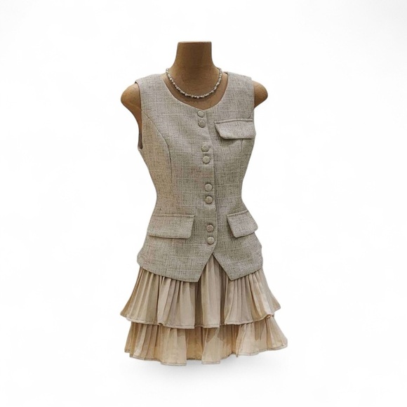 Tops - Beige Sleeveless Vest with Ruffle Skirt Coords